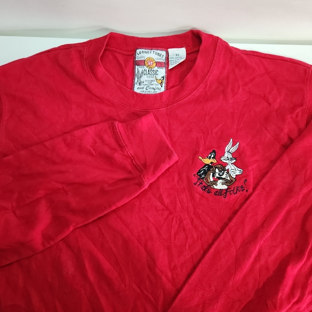 Vintage Looney Tunes Embroidered Long Sleeve Shirt Red XS Bugs Daffy Taz 90s